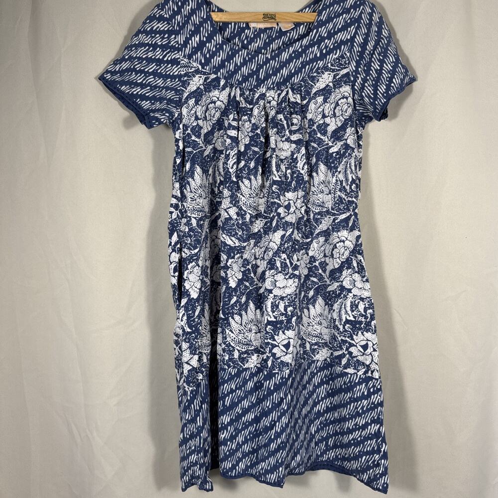 La Cera Womens Muumuu House Dress Size M Blue Batik Floral Cotton Pockets Lounge